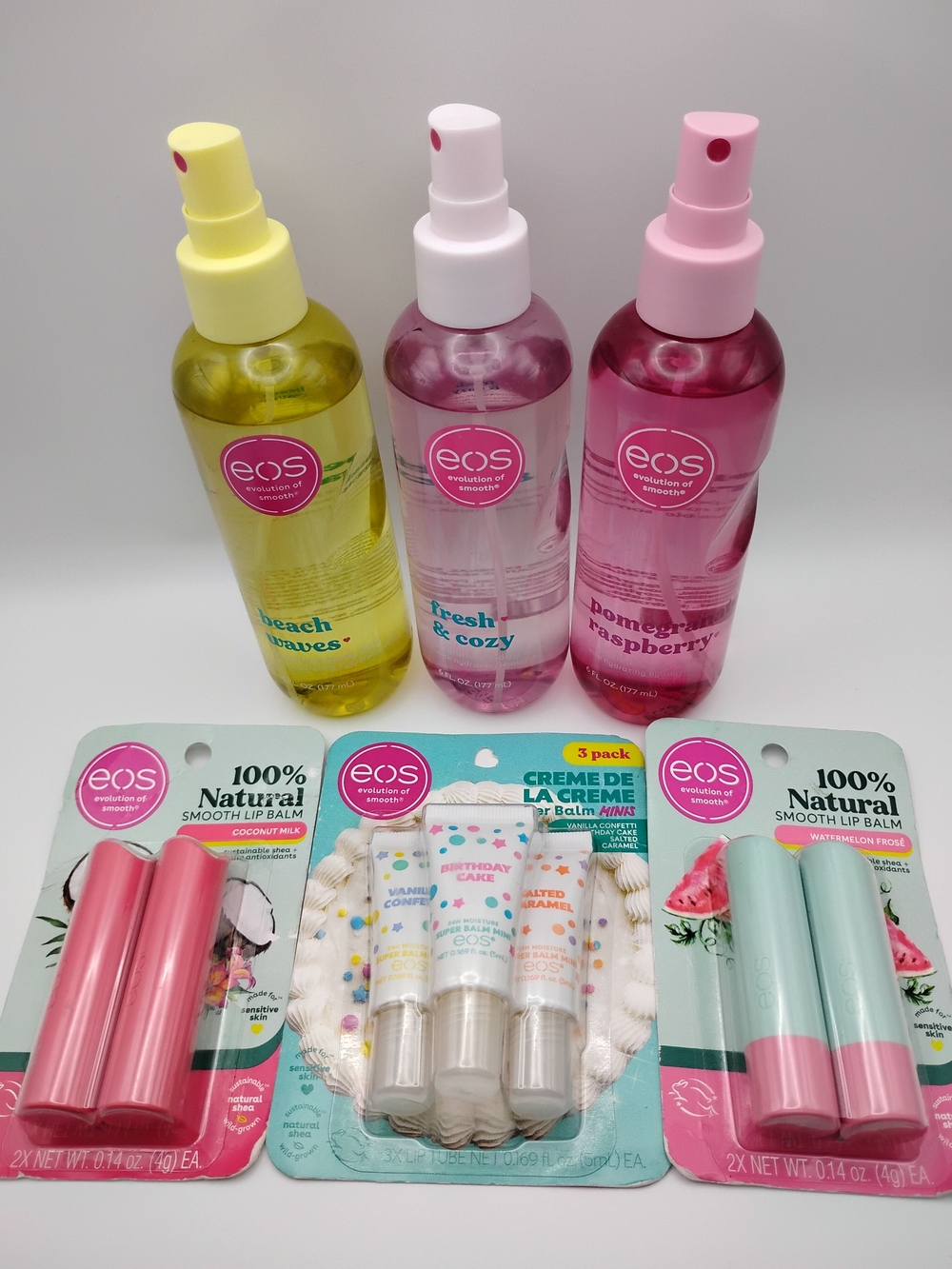 3 eos Body Mists (NO CAPS) & 3 eos Lip Balm Bundle
